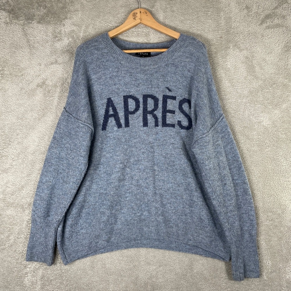 1.STATE Apres Graphic‎ Sweater Womens Medium Blue Crew Neck Drop Shoulder Knit